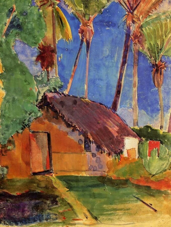 Cabaña de paja bajo las palmeras – Paul Gauguin Paul Gauguin 70x85