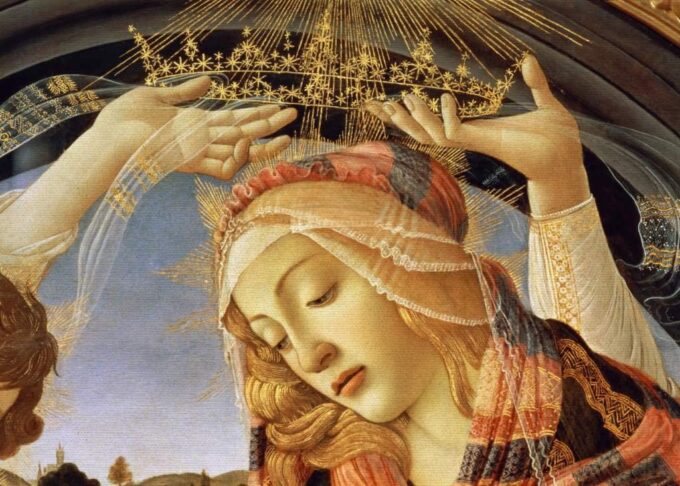 La Madona del Magnificat, detalle del rostro y la corona de la Virgen, 1482 (tempera sobre panel) – Sandro Botticelli Sandro Botticelli 105x70