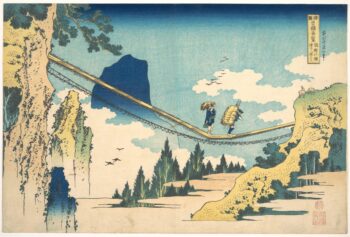 «Hokusai, el puente colgante en la frontera de las provincias de Hida y Etchū (Hietsu no Sakai Tsuribashi), de la serie de vistas destacadas de puentes en diversas provincias (Shokoku Meikyō Kiran) – Katsushika Hokusai» Katsushika Hokusai