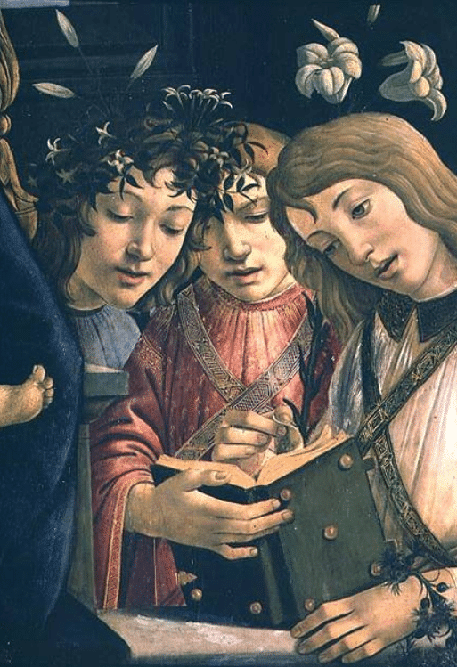 Madonna y niño con el joven San Juan Bautista y ángeles: detalle mostrando tres ángeles – Sandro Botticelli Sandro Botticelli 70x105