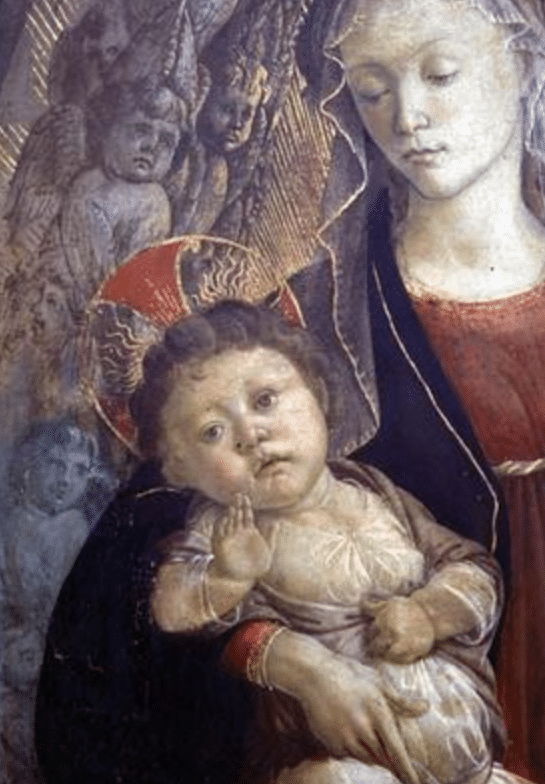 La Virgen y el Niño en gloria, detalle del Niño, 1468 (tempera sobre panel) (detalle de 85673) – Sandro Botticelli Sandro Botticelli 70x105