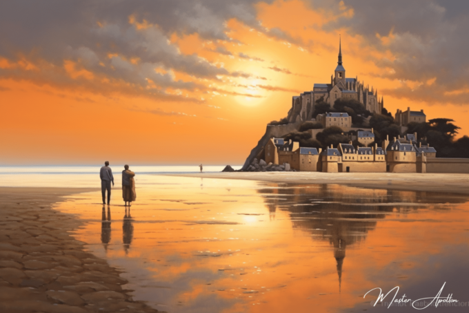 Traducción: « Cuadro contemporáneo de Bretaña: Atardecer en Mont Saint Michel Pinturas al óleo contemporáneas