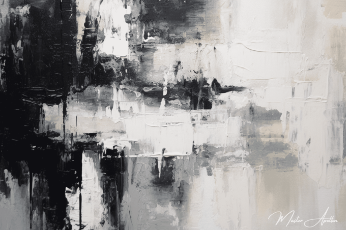 «Tabla contemporánea abstracta en blanco y negro tranquila en la oscuridad» Pinturas abstractas contemporáneas