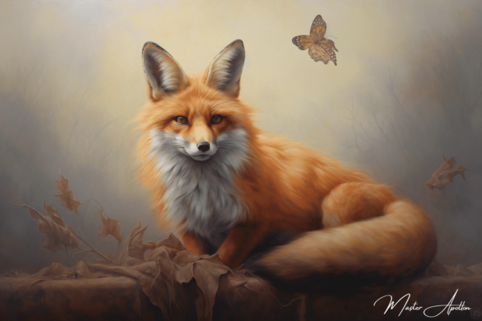 Cuadro contemporáneo de animales: Zorro y mariposa Pinturas al óleo contemporáneas