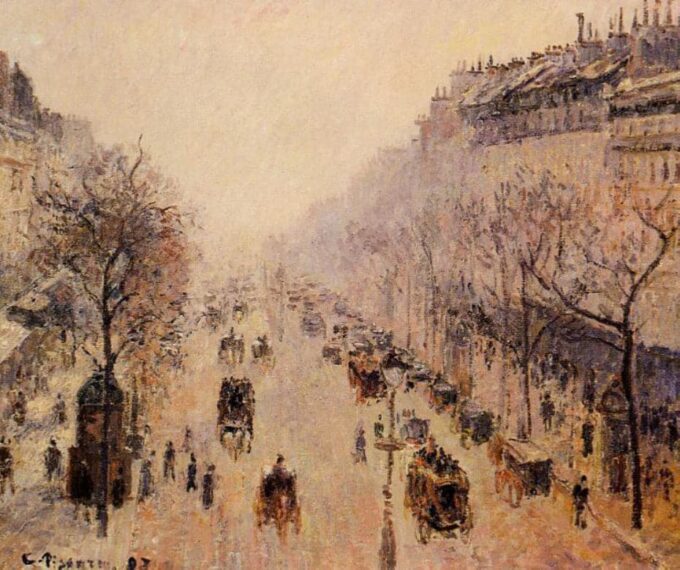 Boulevard Montmartre, mañana, luz del sol y niebla – Camille Pissarro Camille Pissarro 85x75