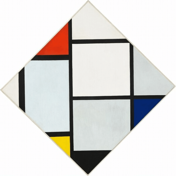 Composición de rombo con rojo, gris, azul, amarillo y negro – Mondrian Piet Mondrian 70x70