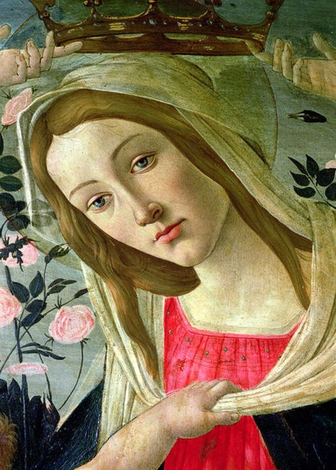 Virgen y niño coronados de ángeles, detalle de la Virgen – Sandro Botticelli Sandro Botticelli 70x105