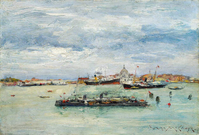 Día gris en la laguna (Un barco de pasajeros – Venecia) – William Merritt Chase William Merritt Chase