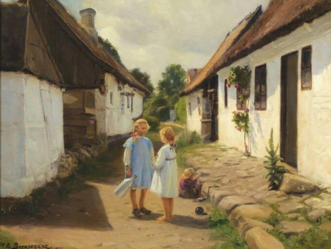 Dos niños en una calle del pueblo – Hans Andersen Brendekilde Andersen Brendekilde