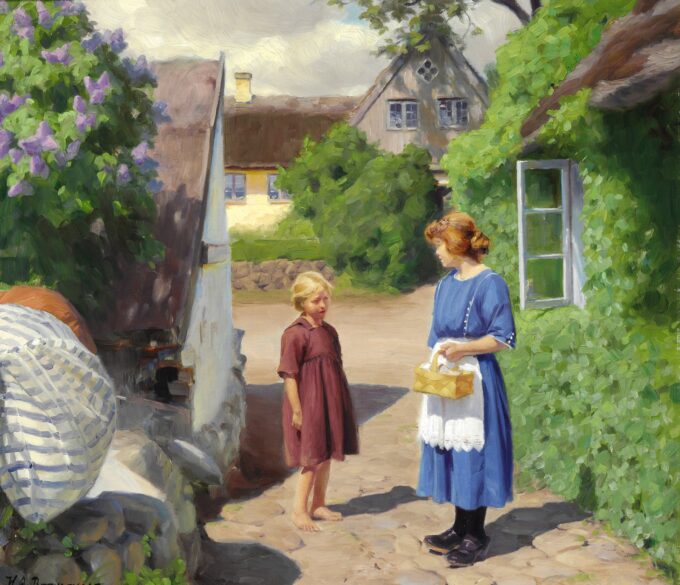 Día de verano en Jyllinge. Lila en flor y niñas pequeñas en la calle del pueblo – Hans Andersen Brendekilde Andersen Brendekilde