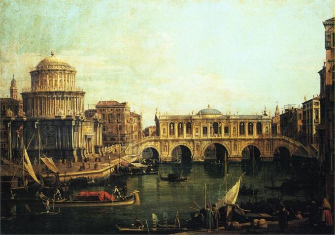 Capriccio del Gran Canal con un puente imaginario del Rialto y otros edificios – Giovanni Antonio Canal Giovanni Antonio Canal 105x70