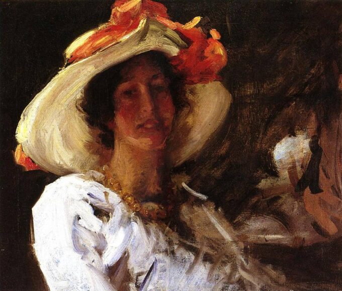 Retrato de Clara Stephens con un sombrero de cinta naranja – William Merritt Chase William Merritt Chase