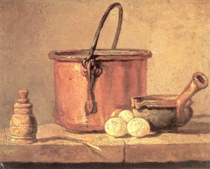 Naturaleza muerta de utensilios de cocina, caldero, cacerola y huevos – Jean Siméon Chardin Jean Siméon Chardin