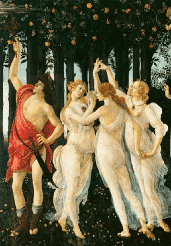 Primavera: Detalle de las Tres Gracias y Mercurio – Sandro Botticelli Sandro Botticelli 70x105