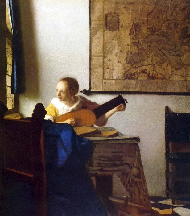 La mujer con laúd – Johannes Vermeer Cuadros Populares 70x70